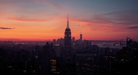 Obraz premium energetic skyline silhouette at dusk with glowing amber and light rose tones