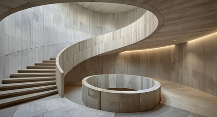 Fototapeta premium Multi level architectural interior showcasing a graceful spiral staircase with concrete wall textures