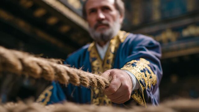 Close-up of Orthodox church bells rope fibers and hand pulling during Easter celebration