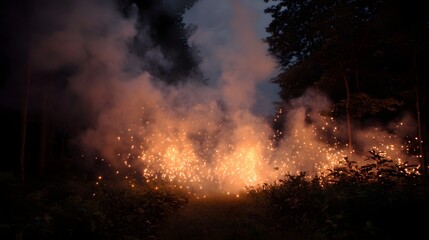 Naklejka premium Glowing sparks erupt in a dark forest clearing illuminating smoke and foliage at night