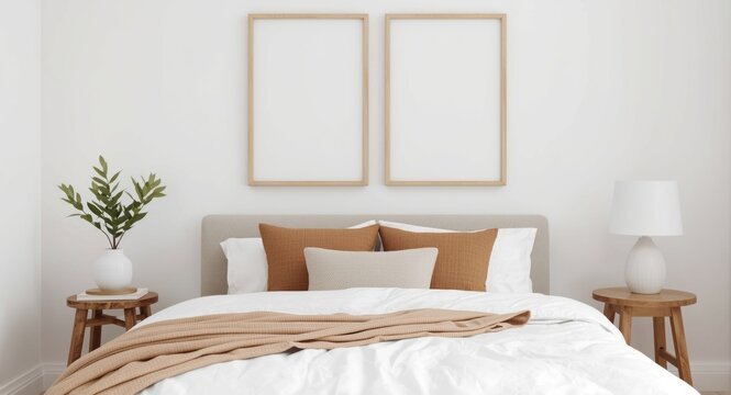 Cozy white bedroom setup with framed posters over bed complemented by brown cushions and lamp on a wooden stool