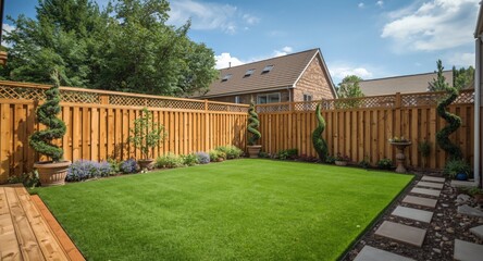 Obraz premium Environmentally sustainable wooden fence around a deck with a verdant green lawn and artistic garden features under sunny skies