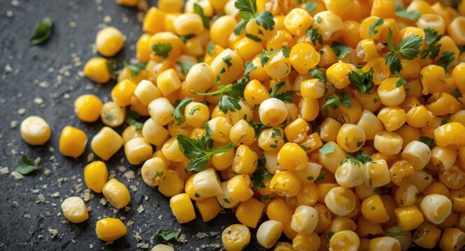 Close up of crunchy corn salad with herbs on a dark surface
