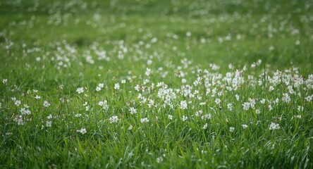 Naklejka premium Quiet spring panorama with delicate cherry flowers spread across fresh grassy expanse