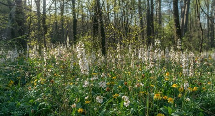 Naklejka premium Radiant spring woodland with blossoming wildflowers and thick greenery
