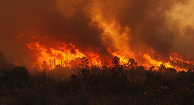 Large scale wildfire fueled by intense heat and persistent air movement