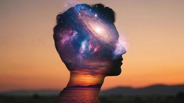 Cosmic Mind Double Exposure - Silhouette with Galaxy and Sunset.