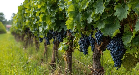 Naklejka premium Lush grapevines with ripe dark purple grapes climbing a rustic wooden fence in a verdant grassy field