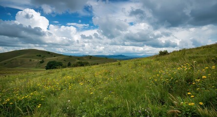 Naklejka premium Lush rolling grassland with diverse flowers and dramatic cloud shapes overhead