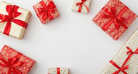 Fototapeta premium Festive wrapped presents with gold and red patterns on clean white background for holiday display