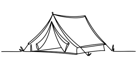 A simple continuous line drawing illustration of a camping tent set up on a grassy ground area Vector, illustration © Anima Rani