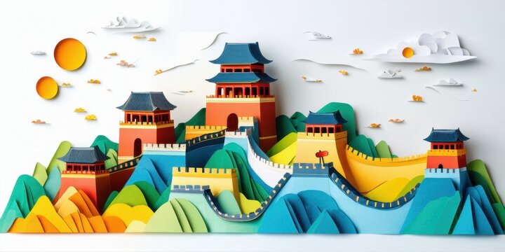 Papercraft depicts Great Wall, towers, mountains, sky. Bright colors create whimsical landscape, serene composition.