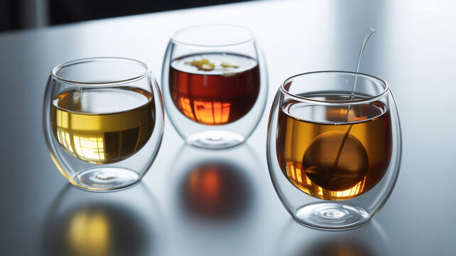 Three distinct beverages in elegant glassware with tea infusers and garnishes
