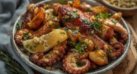 Fototapeta premium Portuguese grilled octopus platter with herb roasted potatoes and garlic salsa