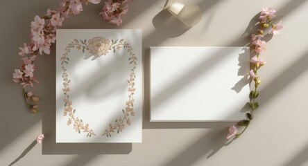Minimalist wedding invitation featuring gypsophila motifs on front and back card mockup