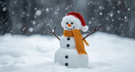 Fototapeta premium Delightful snowman dressed in bright holiday attire with golden scarf in snow