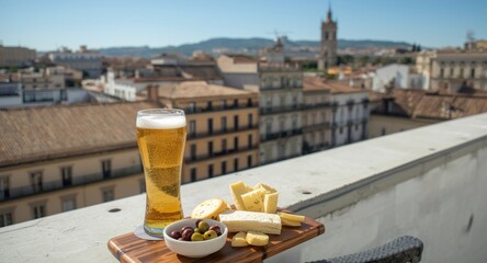 Fototapeta premium Pleasant summer day on rooftop terrace with Spanish beer cheese olives and tapas and views of old city