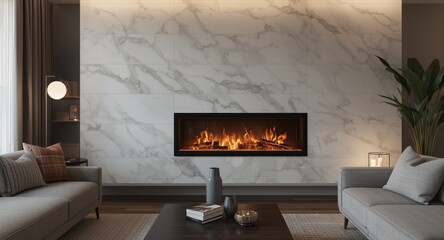 Obraz premium Modern electric fireplace with realistic flames on white marble wall in cozy living room at serene evening
