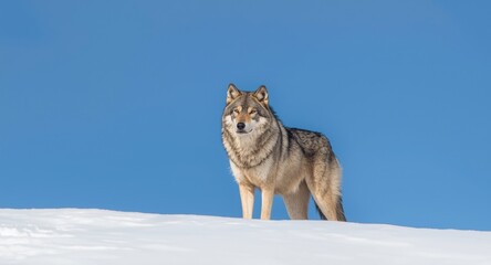 Obraz premium Grey wolf captured in snowy landscape with blue sky