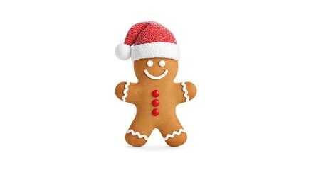 Naklejka premium Cheerful 3D gingerbread boy with sugary frosting and red Santa hat on white