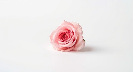 Fototapeta premium Close up of a pink rose on a smooth white background featuring copy space for artwork