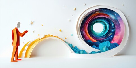Fototapeta premium Papercraft illustration depicts person viewing colorful galaxy. Bright shapes suggest connection, wonder, exploration. Minimalist style.