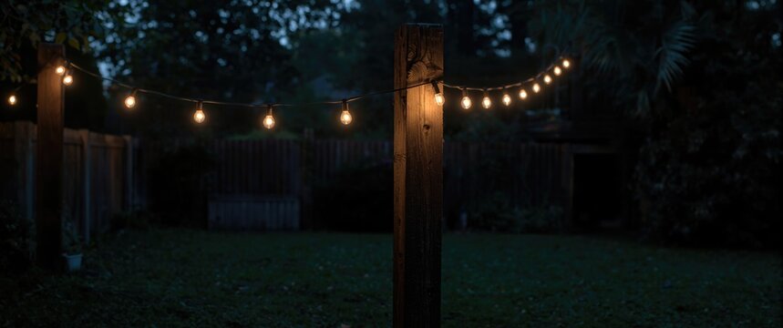 Quiet backyard with party string lights hanging inactive from a wooden post