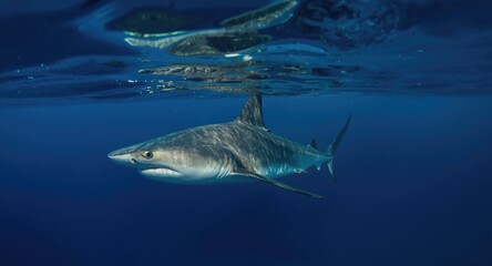 Obraz premium Scalloped hammerhead shark cruising slowly beneath sea surface from below