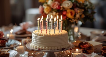 Naklejka premium Lovely birthday cake with candles on a tastefully arranged table for celebration