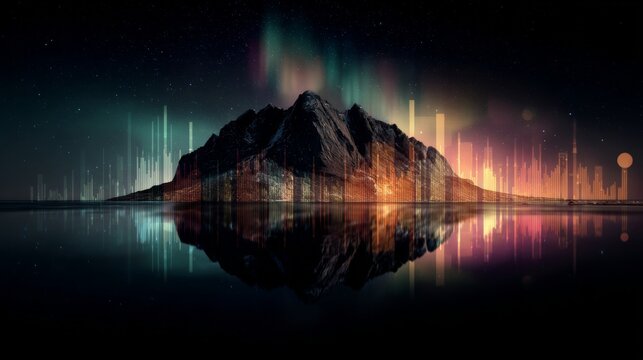 Reflections of majesty: bear islands' mountains in greenland's vast wilderness. Virtual interface. Enhanced scene of bear islands: aurora lights over greenland's mirror waters.