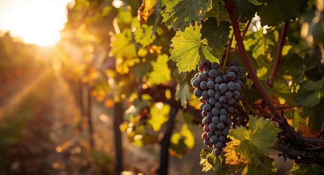 Radiant image illustrating wine grapes on vines at the cusp of autumn harvest period