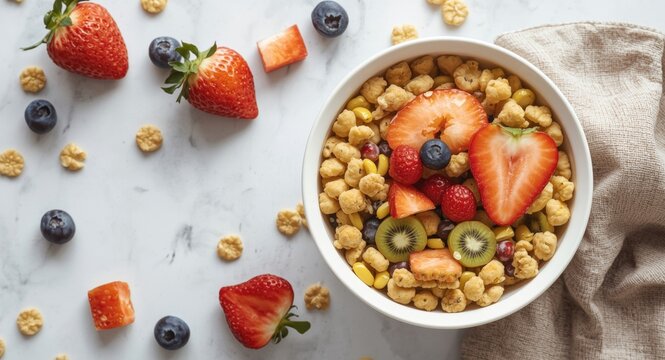 Fresh fruit and corn puff cereal serving encouraging healthy breakfast awareness
