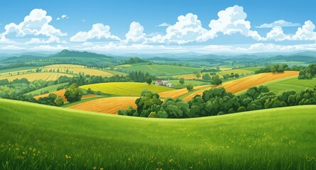 Naklejka premium Friendly cartoon depiction of rolling hills and vast fields creating a rural idyll