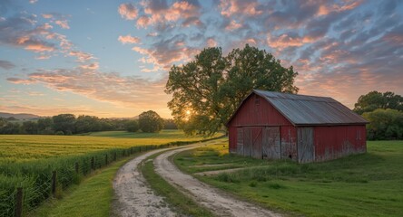 Fototapeta premium Tranquil rural view showing a vintage red barn surrounded by verdant fields and tall trees beneath a colorful dawn sky
