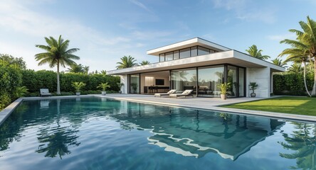Fototapeta premium Modern house design in 3D with a peaceful pool creating water reflections