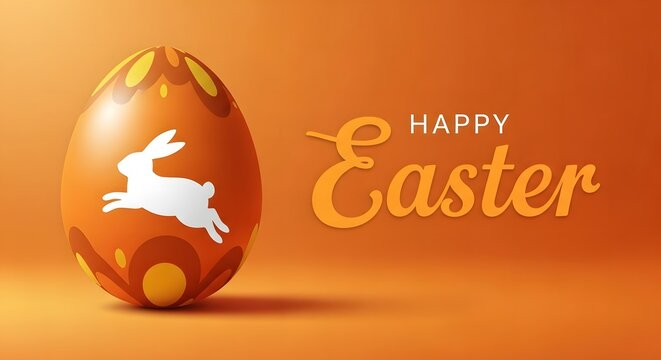 Easter egg with white bunny silhouette on orange background with happy easter greeting