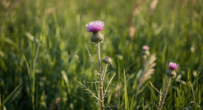 Herbal milk thistle with purple blossoms thriving in lush summer grassland