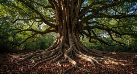 Fototapeta premium Dramatic view from beneath of banyan tree root system