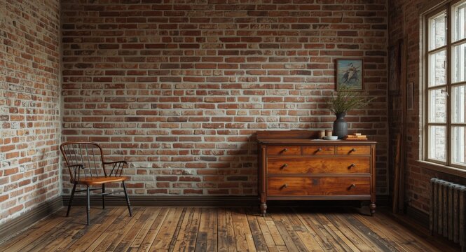 Cozy vintage room scene with rugged brick wall and handcrafted wooden dresser instilling nostalgia