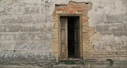 Fototapeta premium Old house outside with a bricked up door and eroded cinder block wall texture radiating historical charm and ruggedness