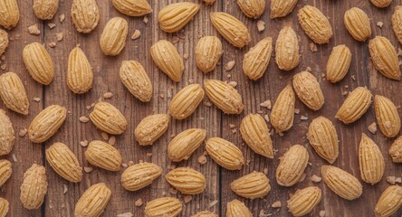 Fototapeta premium Big shell shaped durum wheat pasta uncooked conchiglie on textured wood background copy space