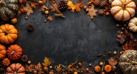 Obraz premium Festive Halloween party frame decorated with pumpkins and autumnal accents