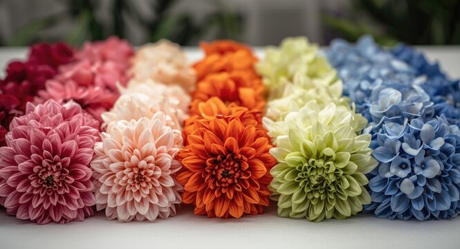 Flowers with multiple shades organized consecutively on table