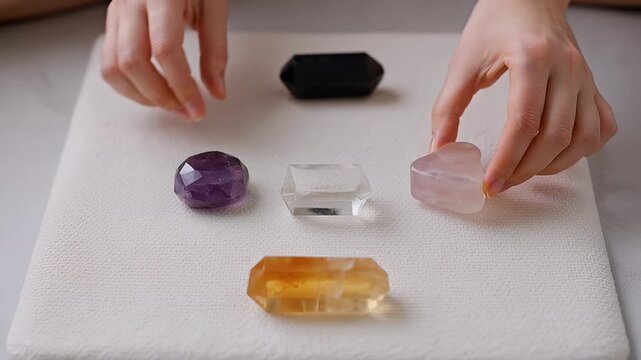 Variety of gemstones arranged on white surface with hands gently positioning one