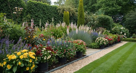 Obraz premium Refined garden layout with flourishing potted flower displays