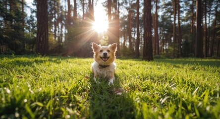 Obraz premium A bright sunny day with a happy dog playing on a lush green grass lawn under tall forest trees in full length summer scene