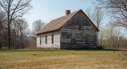 Obraz premium Scenic view of a rustic farmhouse with worn weathered facade and natural surroundings