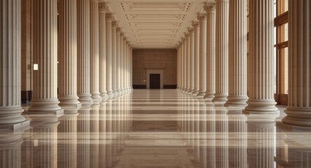 Fototapeta premium Focused shot of empty courtroom walkway highlighting marble flooring and warmly lit column structures with copy space
