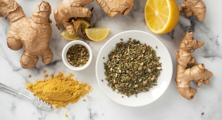 Holistic wellness setting with powdered ginger, fresh ginger root, and herbal blend displayed over marble