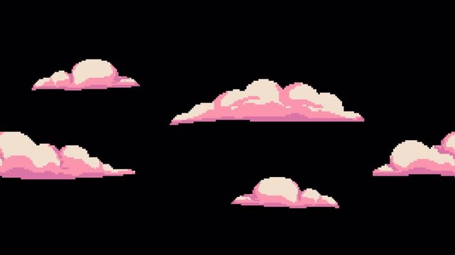 8-Bit Pixel Art Cloud Animation &ndash; Retro Pink Sky Clouds Moving on Transparent Background